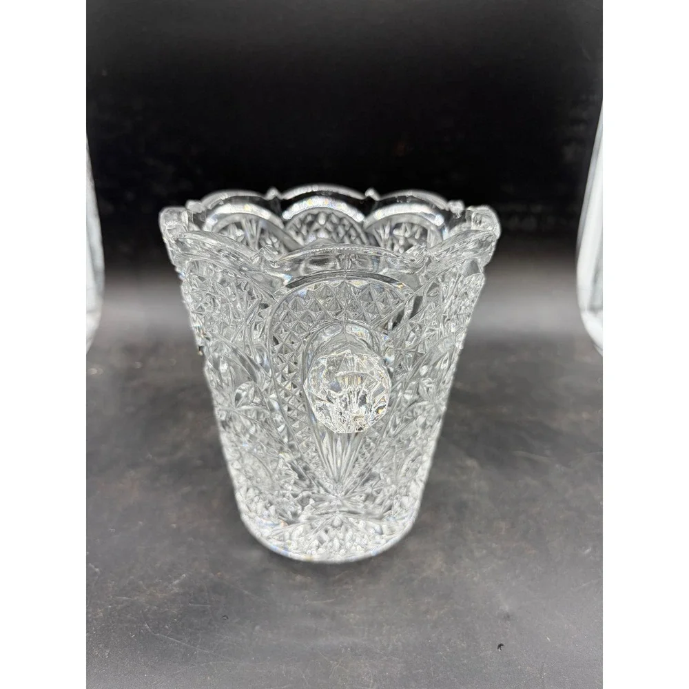 Vintage Cut Crystal Ice Bucket Pinwheel Starburst Scalloped Rim Glass Handles‎